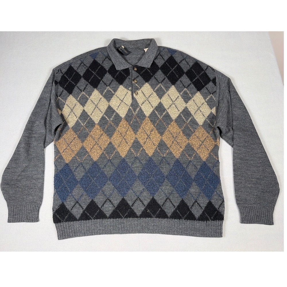 Henry Grethel Studio Mens Argyle Polo Sweater Grey Blue Tan Long Sleeve‎ Large